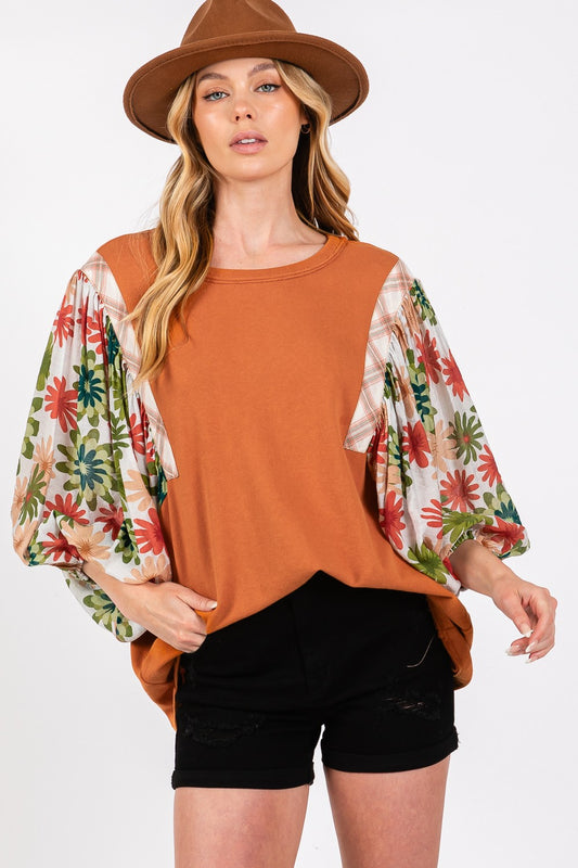 SAGE + FIG Full Size Printed Balloon Sleeve Contrast Top - Caramel