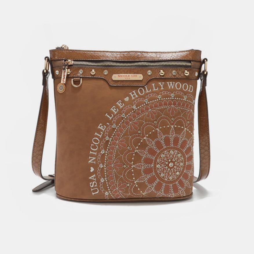 Nicole Lee USA Metallic Stitching Embroidery Inlaid Rhinestone Crossbody Bag