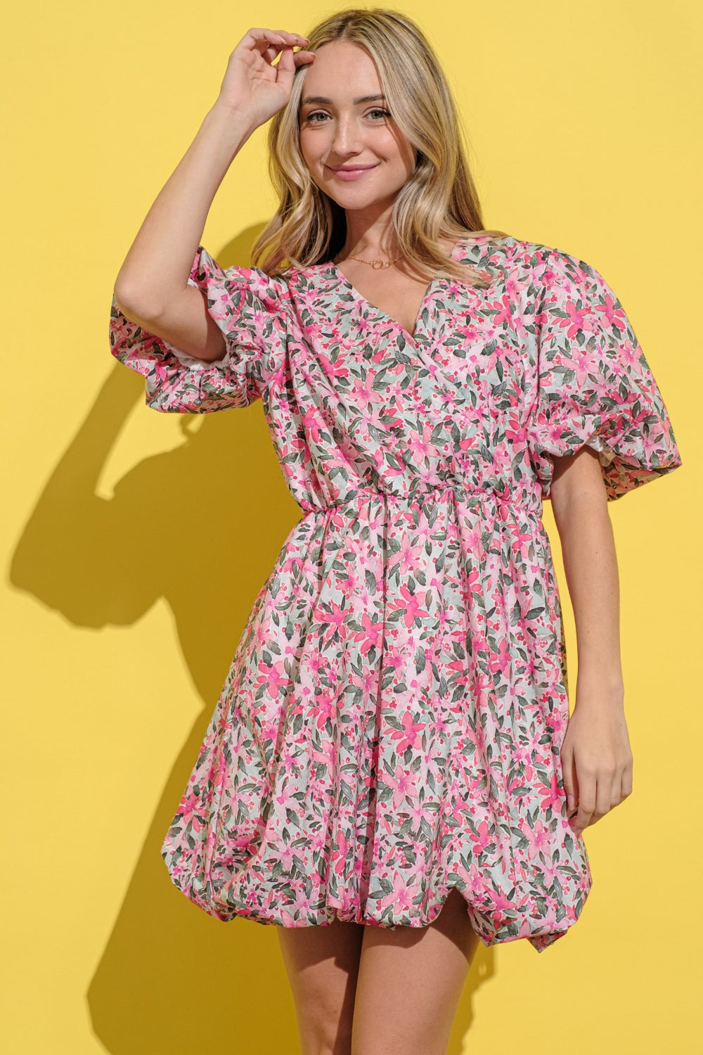 And The Why Full Size Floral Surplice Puff Sleeve Dress - Pink Multi