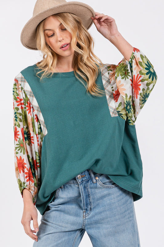 SAGE + FIG Full Size Printed Balloon Sleeve Contrast Top - Teal