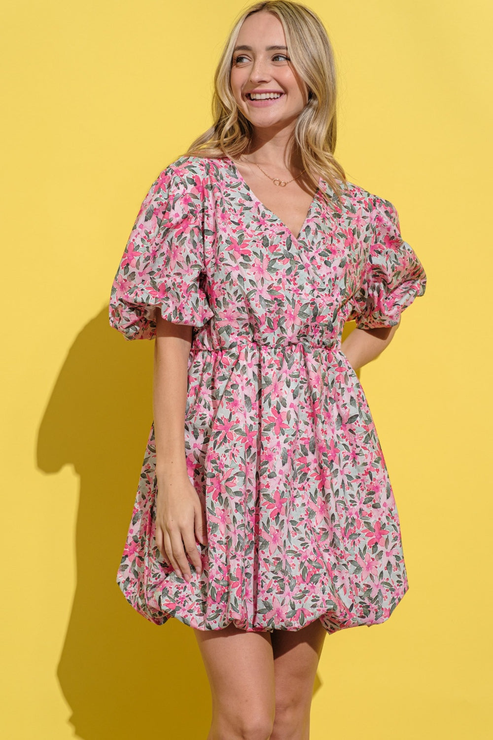 And The Why Full Size Floral Surplice Puff Sleeve Dress - Pink Multi